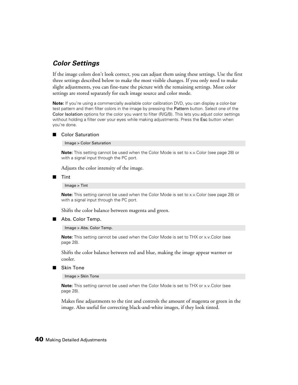 Color settings | Epson 9700 User Manual | Page 40 / 80