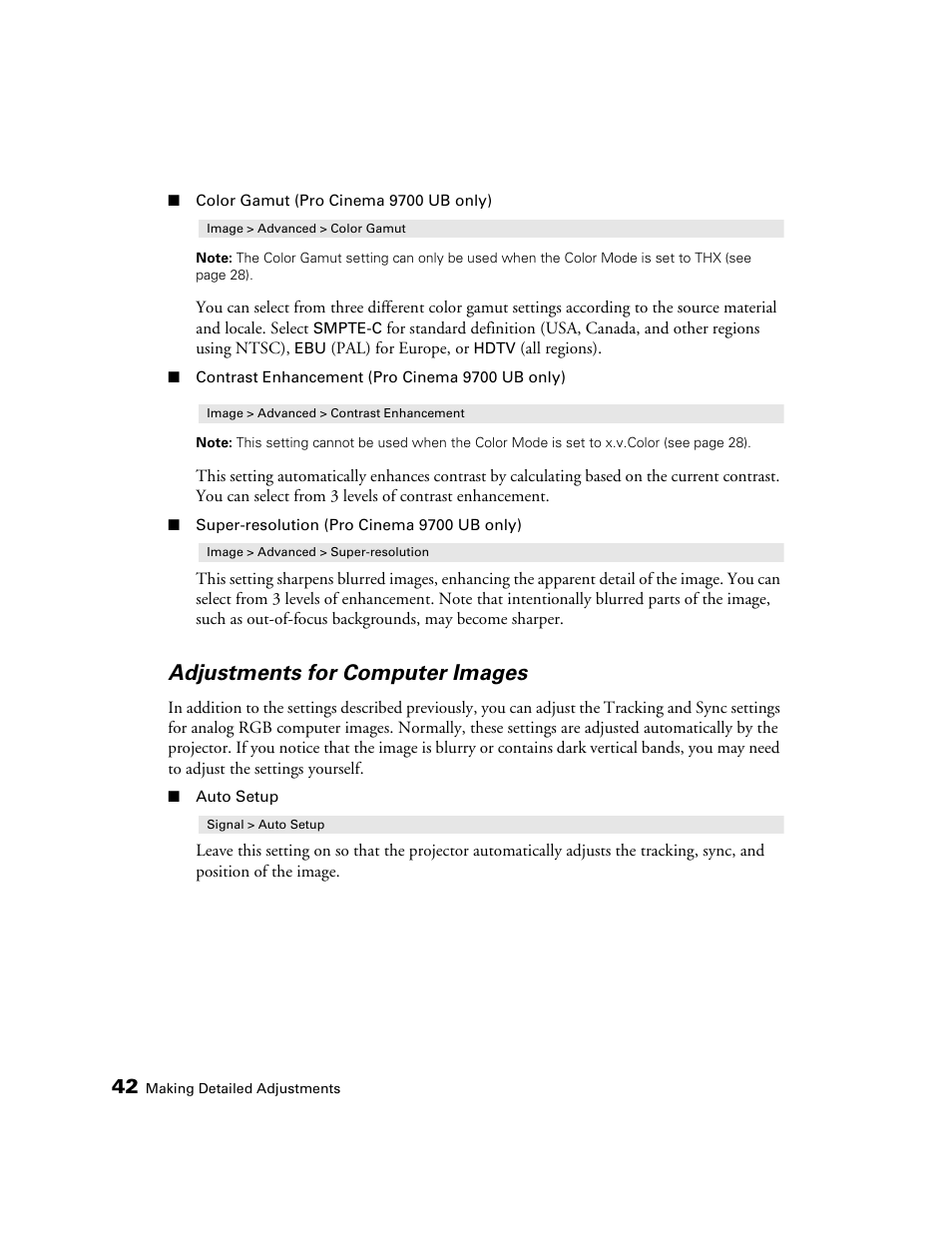 Adjustments for computer images | Epson 9700 User Manual | Page 42 / 80