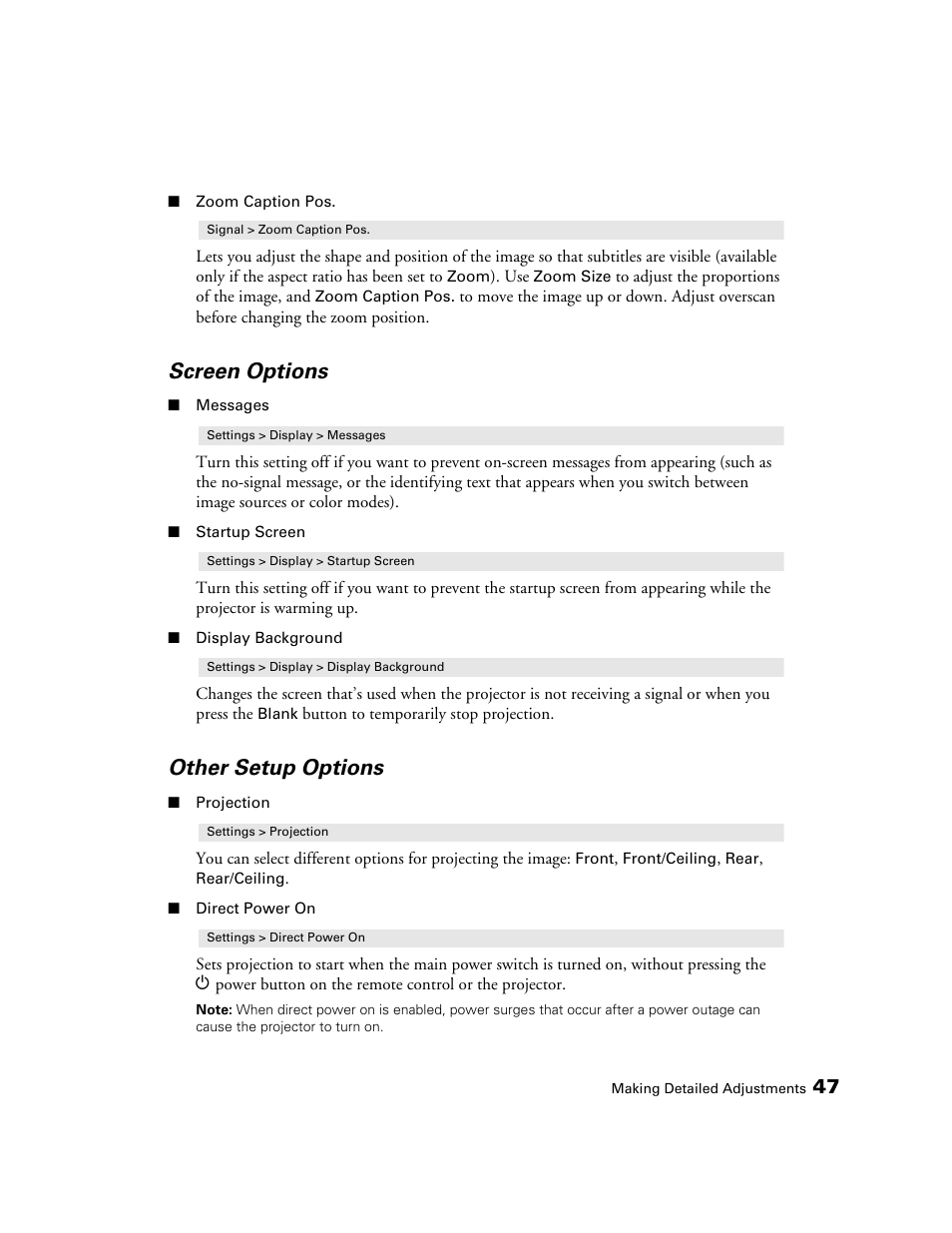 Screen options, Other setup options | Epson 9700 User Manual | Page 47 / 80