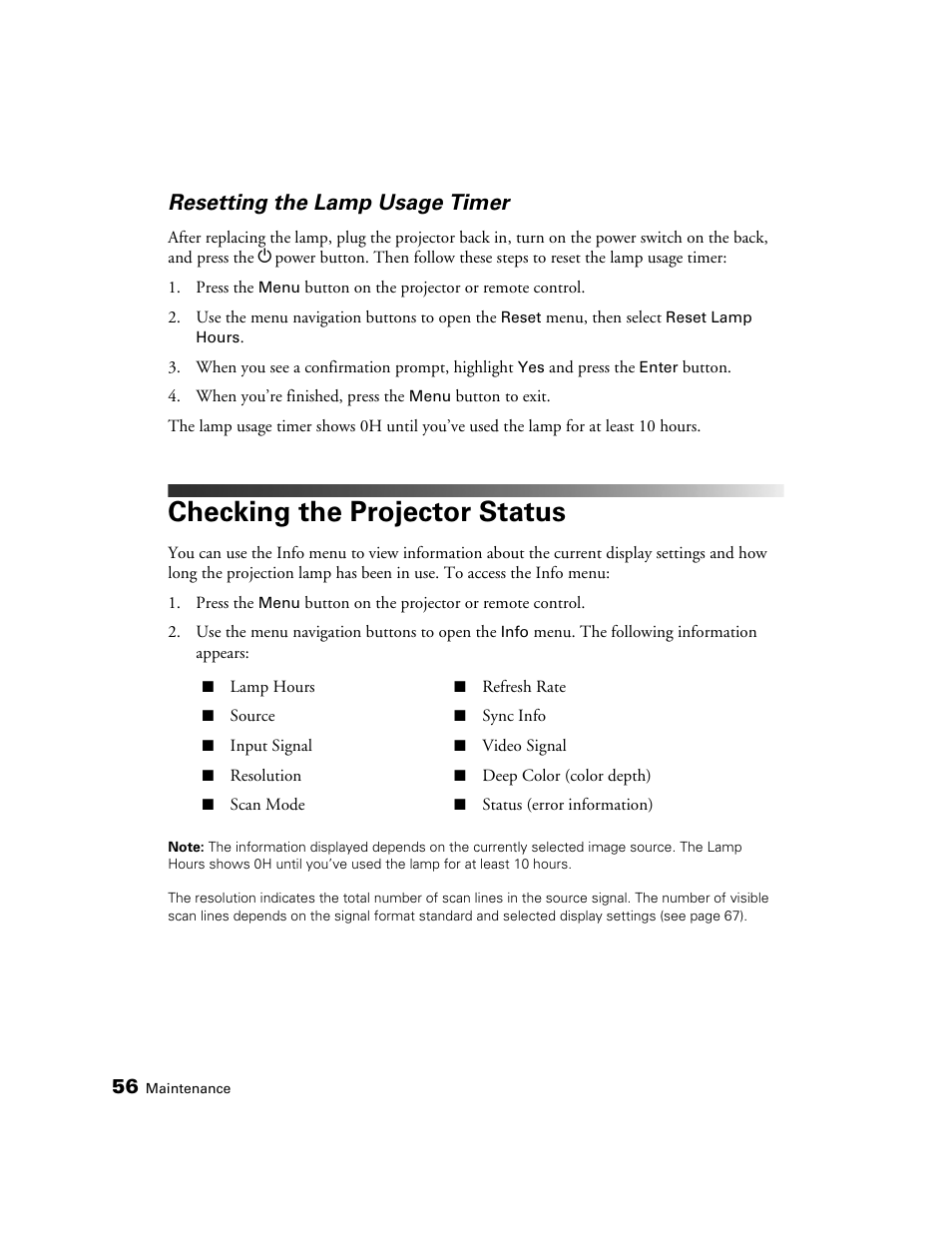 Resetting the lamp usage timer, Checking the projector status | Epson 9700 User Manual | Page 56 / 80