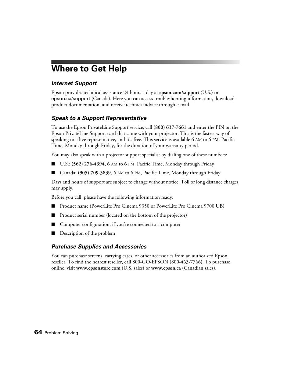 Where to get help | Epson 9700 User Manual | Page 64 / 80