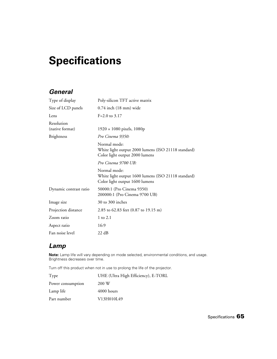 Specifications, General, Lamp | Epson 9700 User Manual | Page 65 / 80