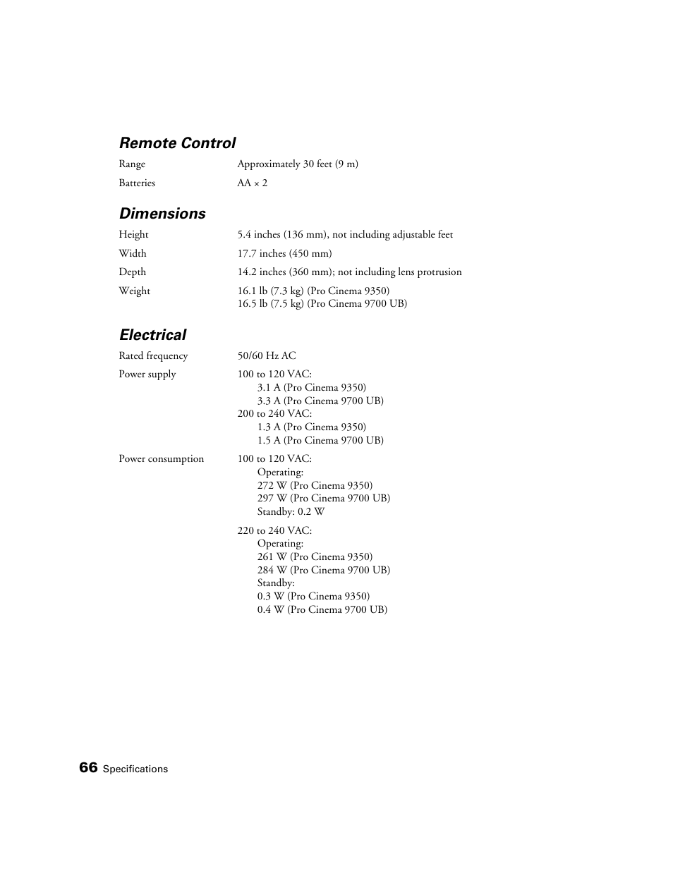 Remote control, Dimensions, Electrical | Epson 9700 User Manual | Page 66 / 80