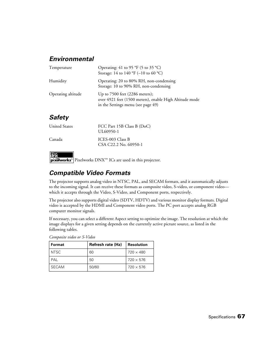 Environmental, Safety, Compatible video formats | Epson 9700 User Manual | Page 67 / 80