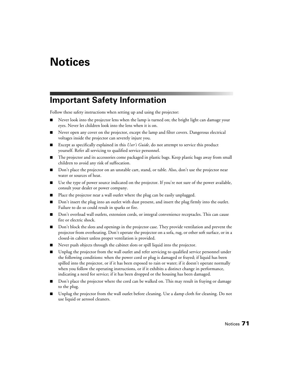 Notices, Important safety information | Epson 9700 User Manual | Page 71 / 80