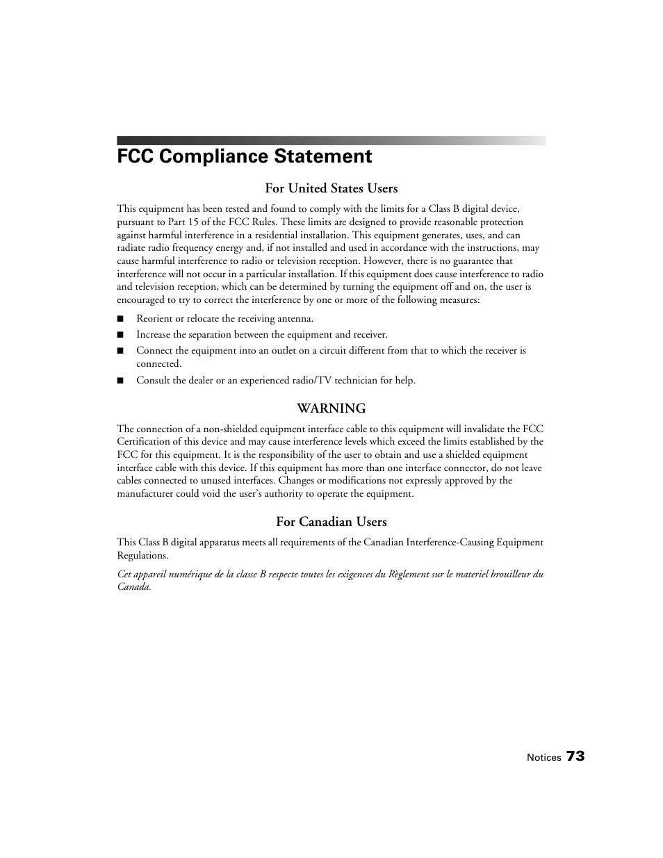 Fcc compliance statement, For united states users, Warning | For canadian users | Epson 9700 User Manual | Page 73 / 80