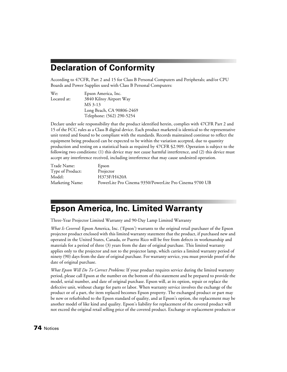 Declaration of conformity, Epson america, inc. limited warranty | Epson 9700 User Manual | Page 74 / 80
