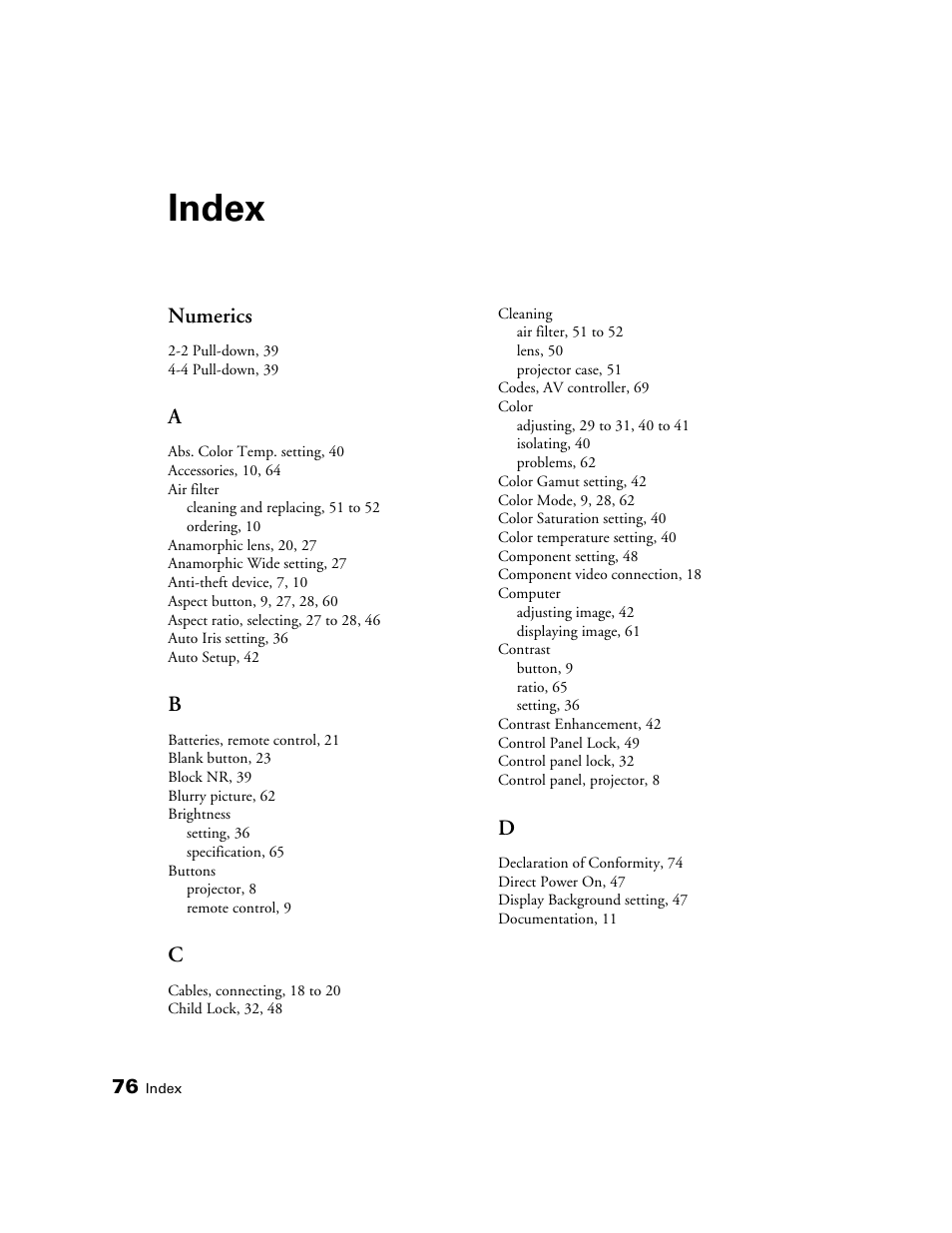 Index, Numerics | Epson 9700 User Manual | Page 76 / 80