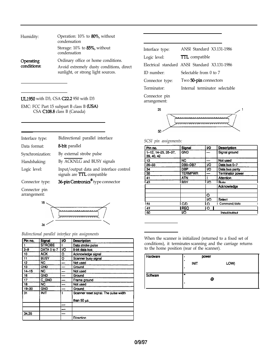 Safety standards, Parallel interface specifications, Scsi interface specifications | Initialization, Epson expression 836xl, Scsl interface specifications | Epson Expression 836XL User Manual | Page 2 / 4
