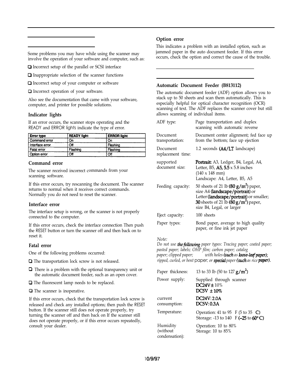 Problems and solutions, Indicator lights, Command error | Interface error, Fatal error, Option error, Optional equipment specifications, Automatic document feeder (b813112), Epson expression 836xl problems and solutions | Epson Expression 836XL User Manual | Page 3 / 4