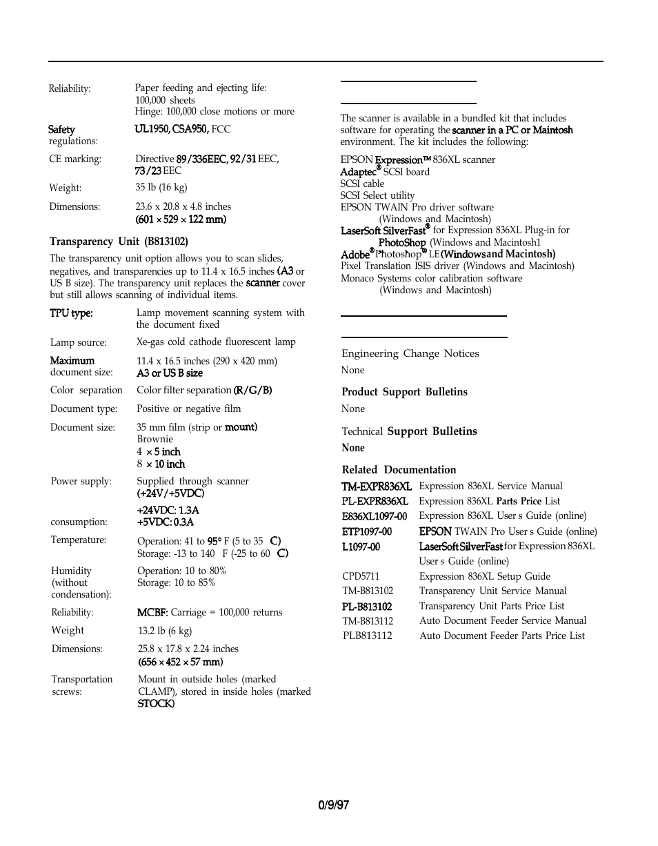 Transparency unit (b813102), Scanner bundled kits, Information reference list | Related documentation, Epson expression 836xl | Epson Expression 836XL User Manual | Page 4 / 4