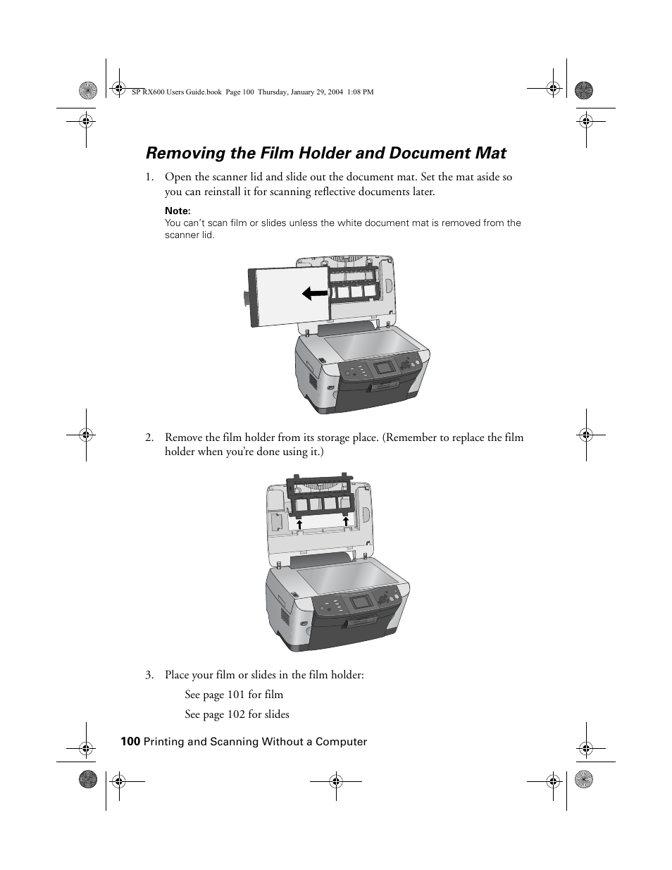 Removing the film holder and document mat | Epson All-In-One Stylus Photo RX600 User Manual | Page 100 / 164