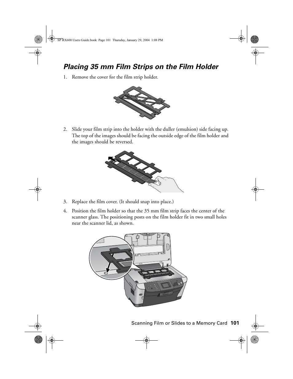 Placing 35 mm film strips on the film holder | Epson All-In-One Stylus Photo RX600 User Manual | Page 101 / 164