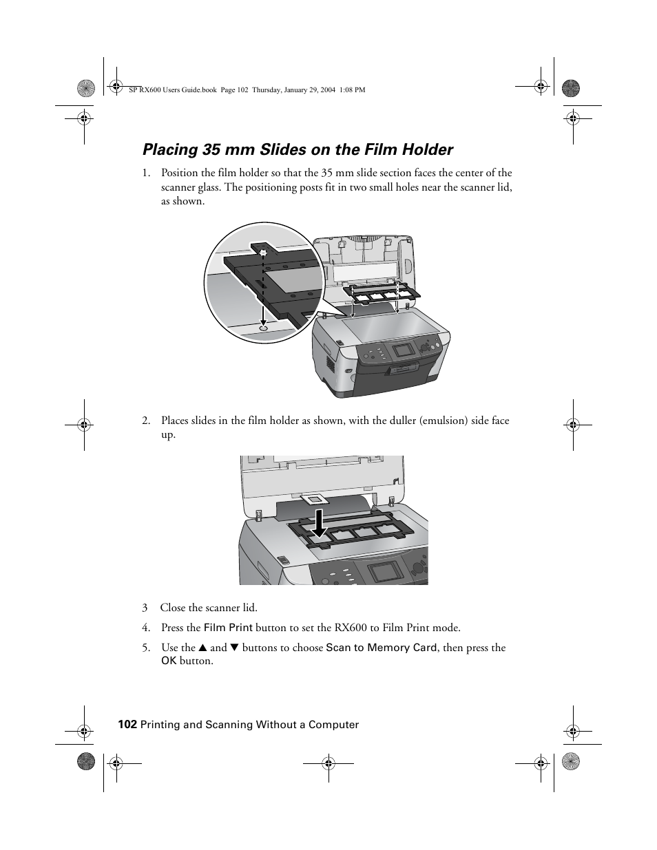 Placing 35 mm slides on the film holder | Epson All-In-One Stylus Photo RX600 User Manual | Page 102 / 164