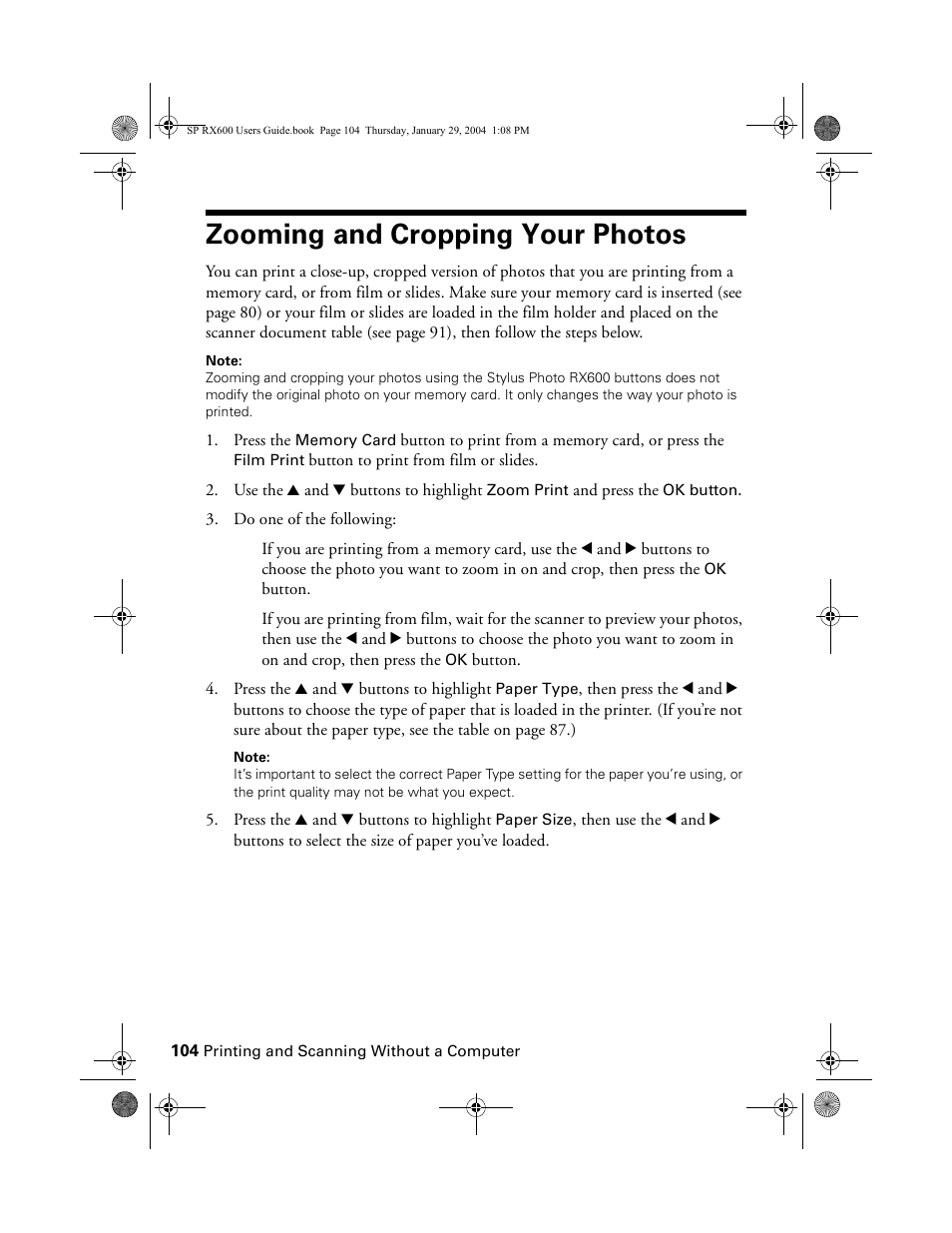 Zooming and cropping your photos | Epson All-In-One Stylus Photo RX600 User Manual | Page 104 / 164