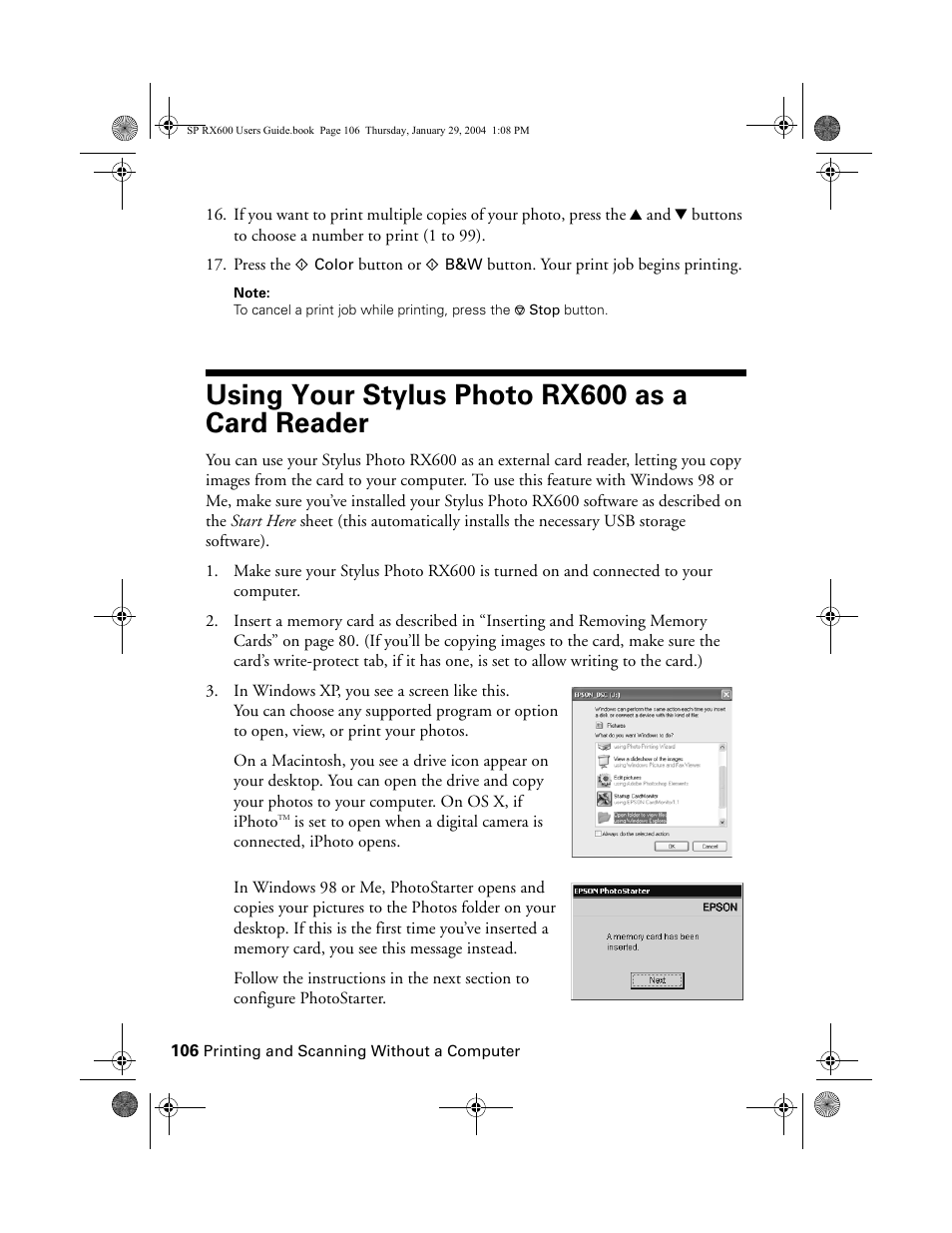 Using your stylus photo rx600 as a card reader | Epson All-In-One Stylus Photo RX600 User Manual | Page 106 / 164
