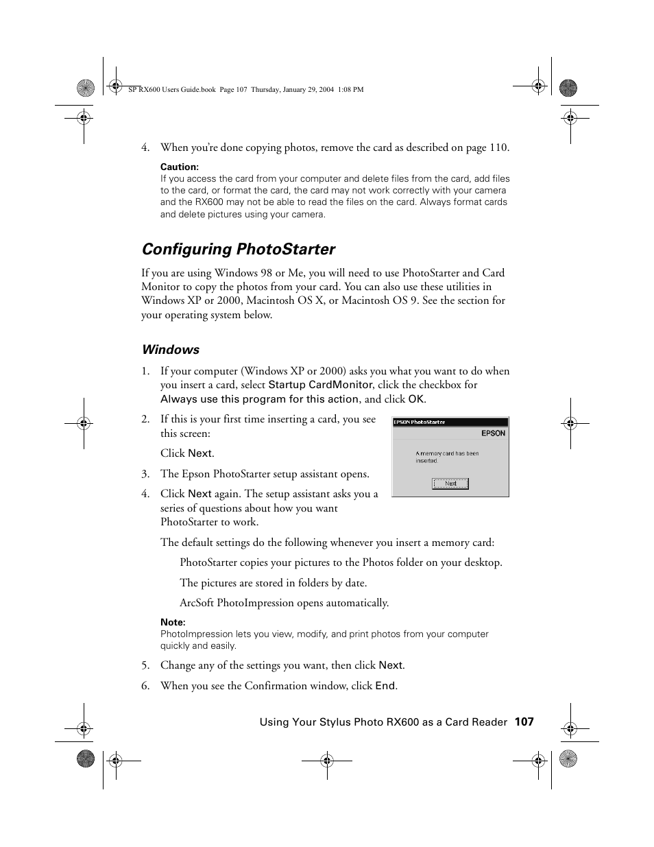 Configuring photostarter | Epson All-In-One Stylus Photo RX600 User Manual | Page 107 / 164