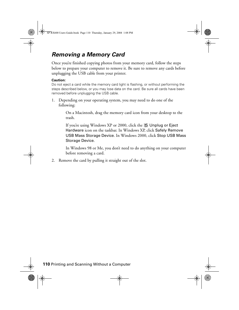 Removing a memory card | Epson All-In-One Stylus Photo RX600 User Manual | Page 110 / 164