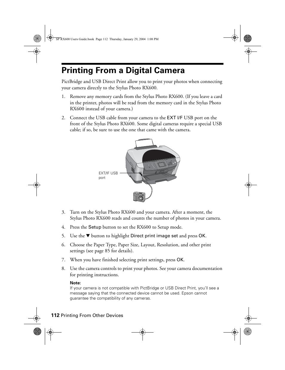 Printing from a digital camera | Epson All-In-One Stylus Photo RX600 User Manual | Page 112 / 164