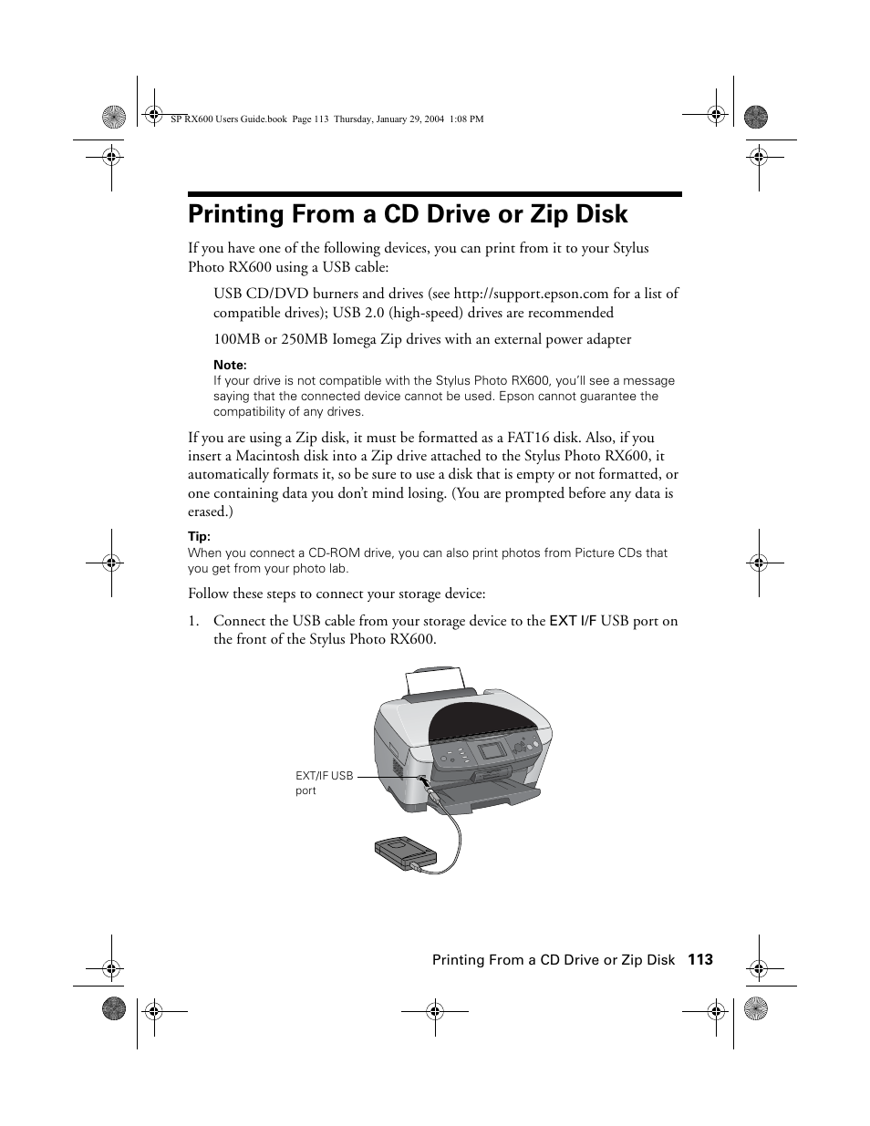 Printing from a cd drive or zip disk | Epson All-In-One Stylus Photo RX600 User Manual | Page 113 / 164