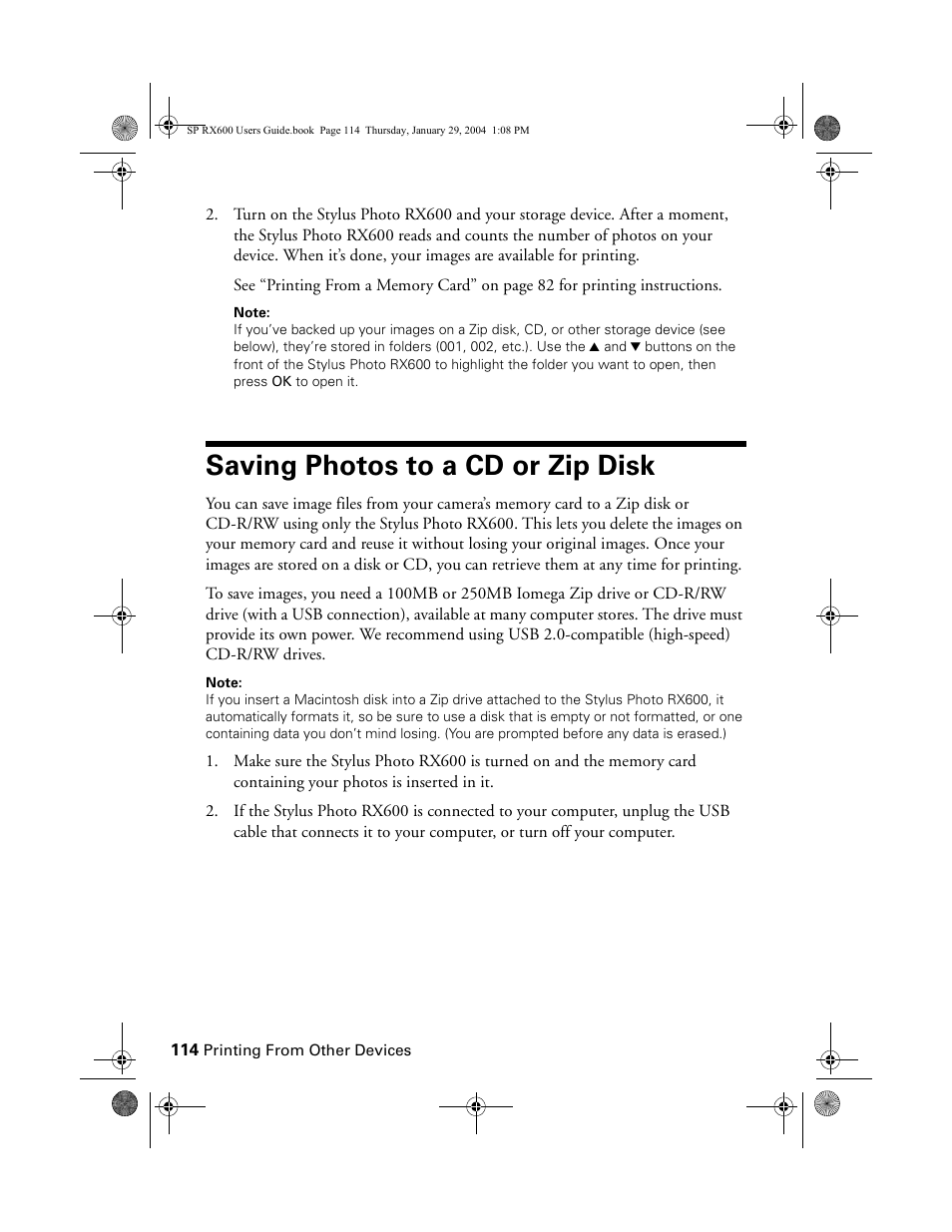 Saving photos to a cd or zip disk | Epson All-In-One Stylus Photo RX600 User Manual | Page 114 / 164