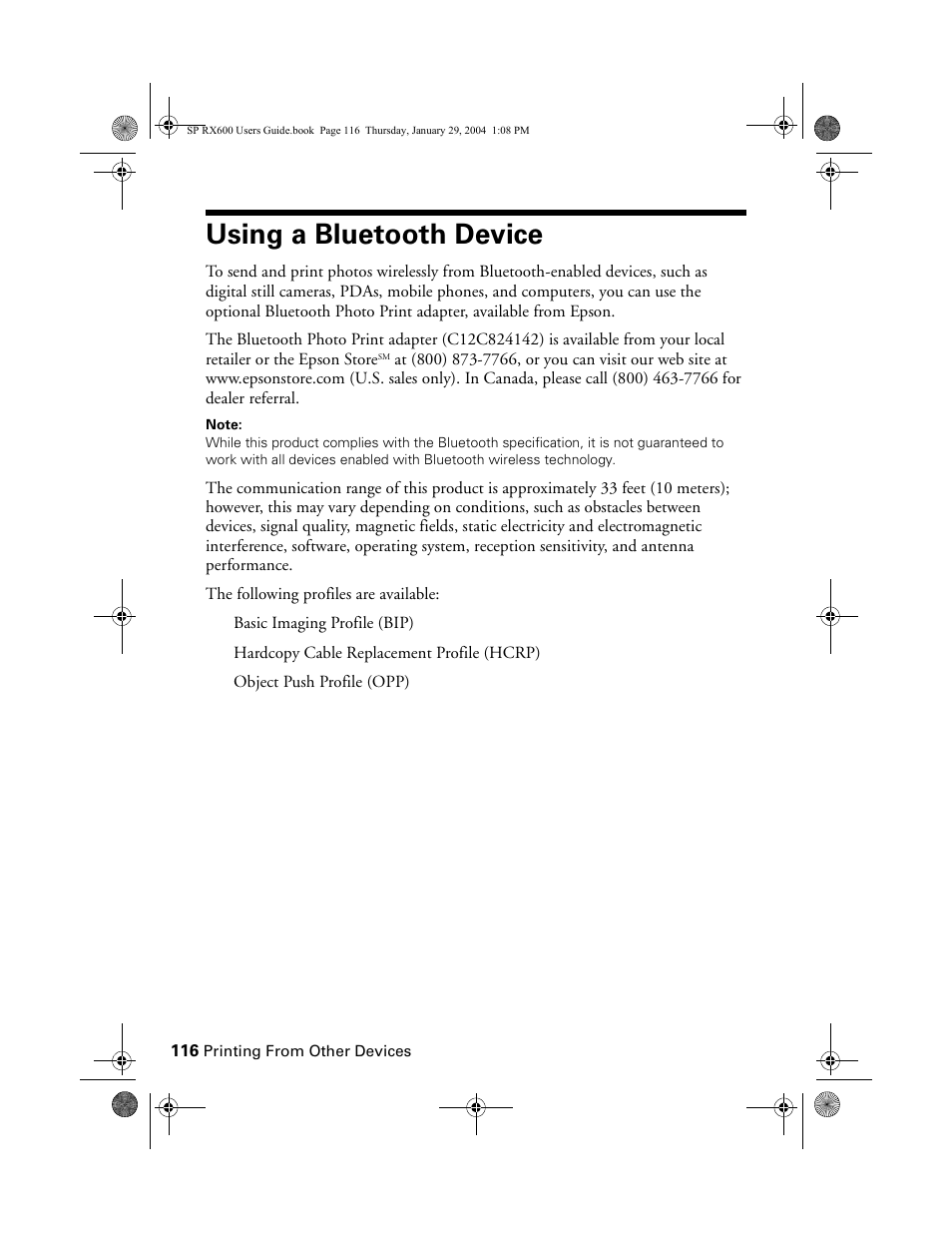 Using a bluetooth device | Epson All-In-One Stylus Photo RX600 User Manual | Page 116 / 164