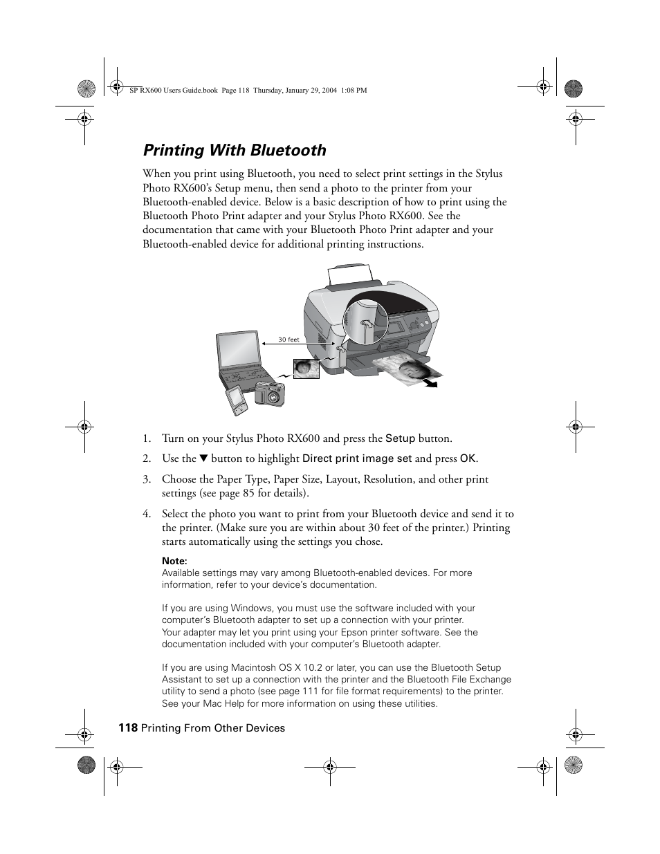 Printing with bluetooth | Epson All-In-One Stylus Photo RX600 User Manual | Page 118 / 164