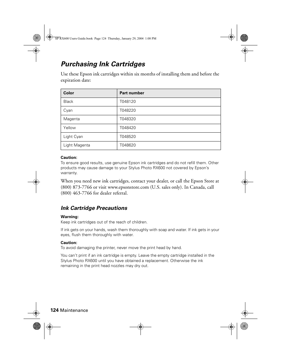 Purchasing ink cartridges | Epson All-In-One Stylus Photo RX600 User Manual | Page 124 / 164