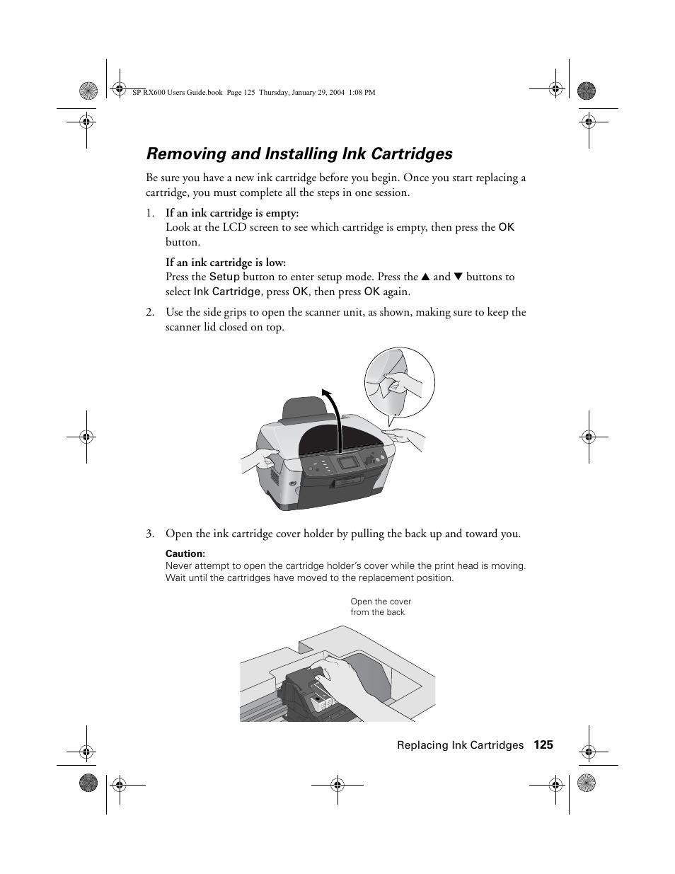 Removing and installing ink cartridges | Epson All-In-One Stylus Photo RX600 User Manual | Page 125 / 164