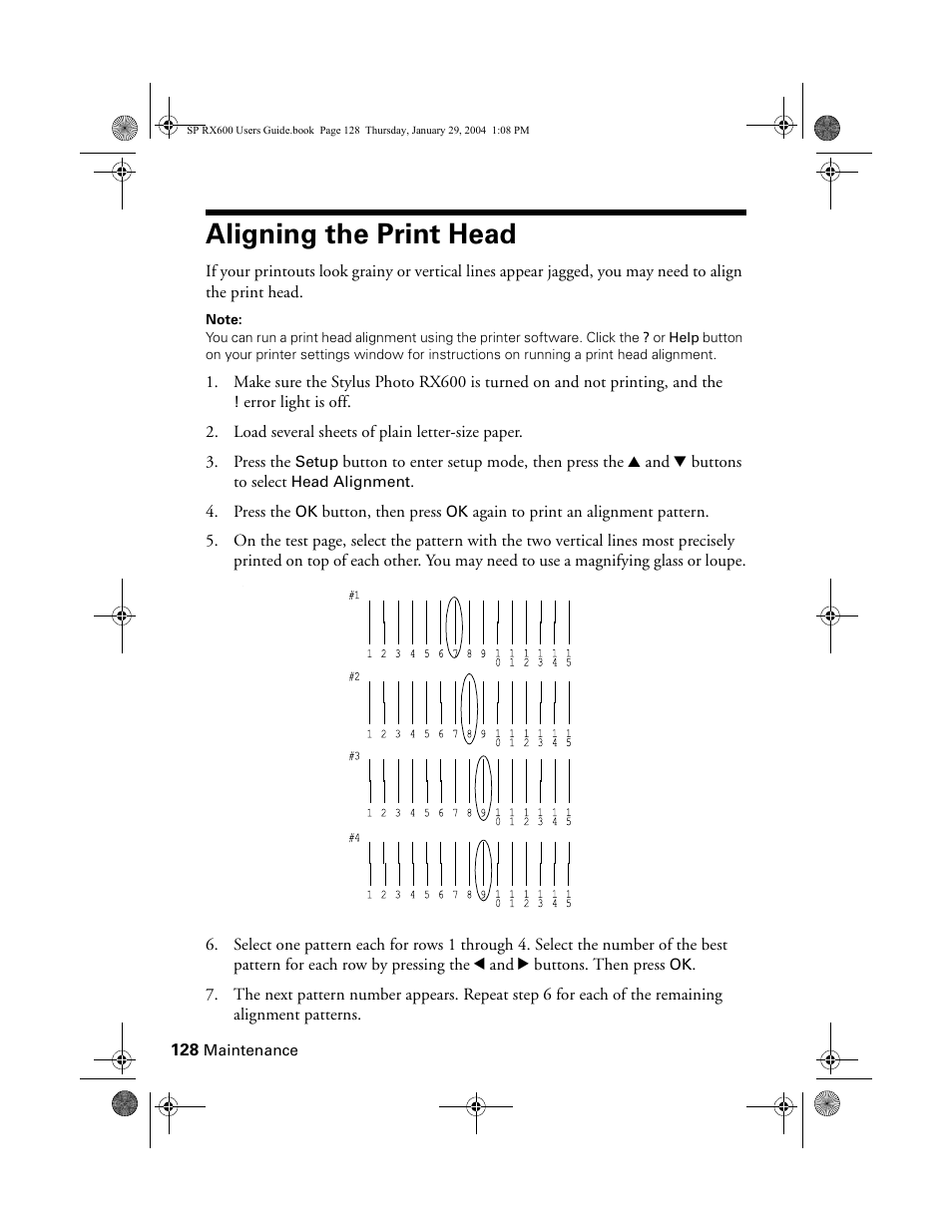 Aligning the print head | Epson All-In-One Stylus Photo RX600 User Manual | Page 128 / 164