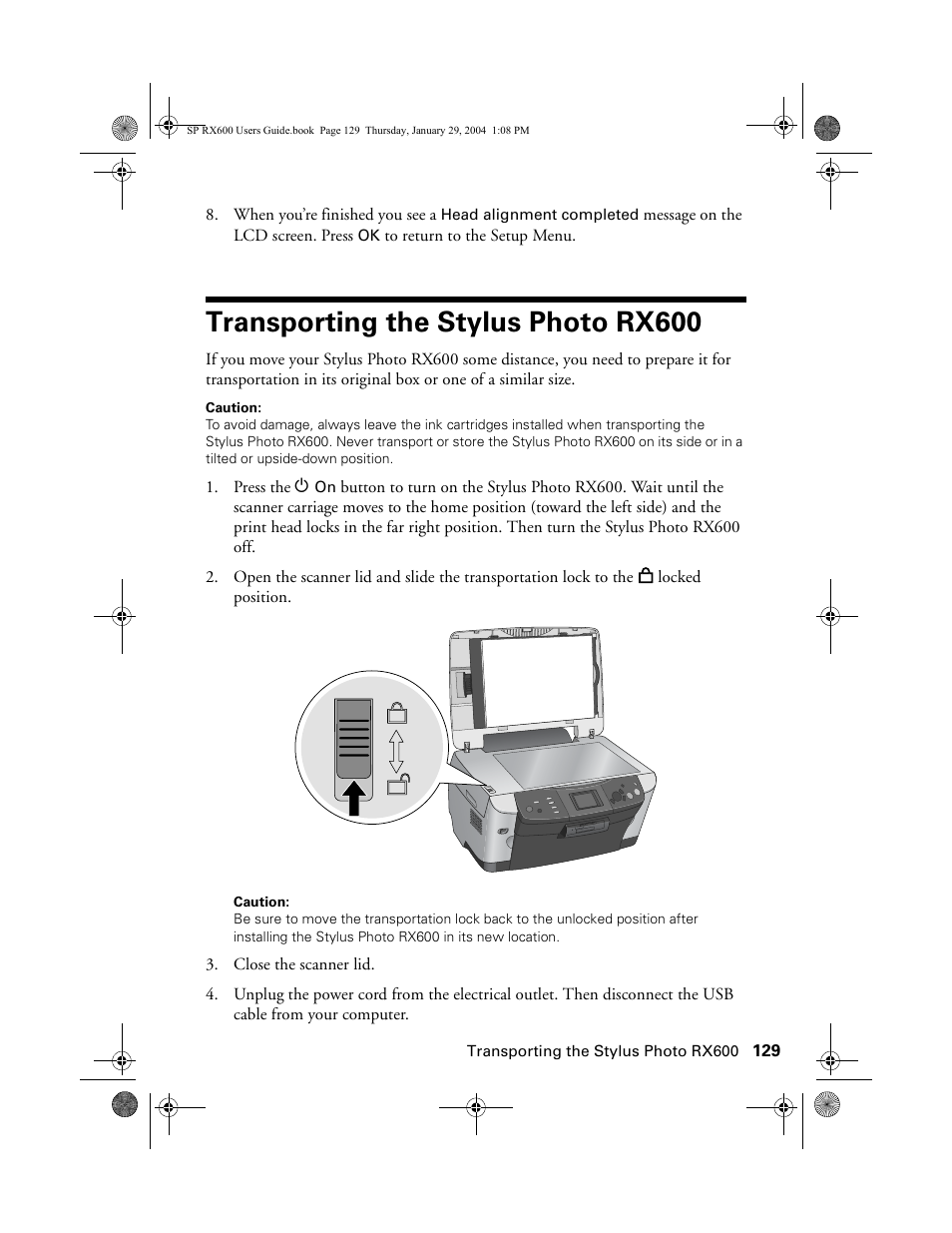 Transporting the stylus photo rx600 | Epson All-In-One Stylus Photo RX600 User Manual | Page 129 / 164