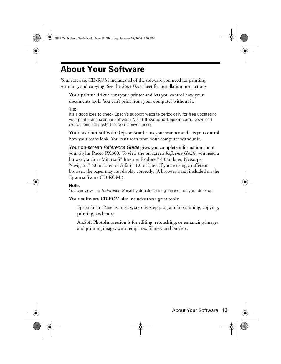 About your software | Epson All-In-One Stylus Photo RX600 User Manual | Page 13 / 164