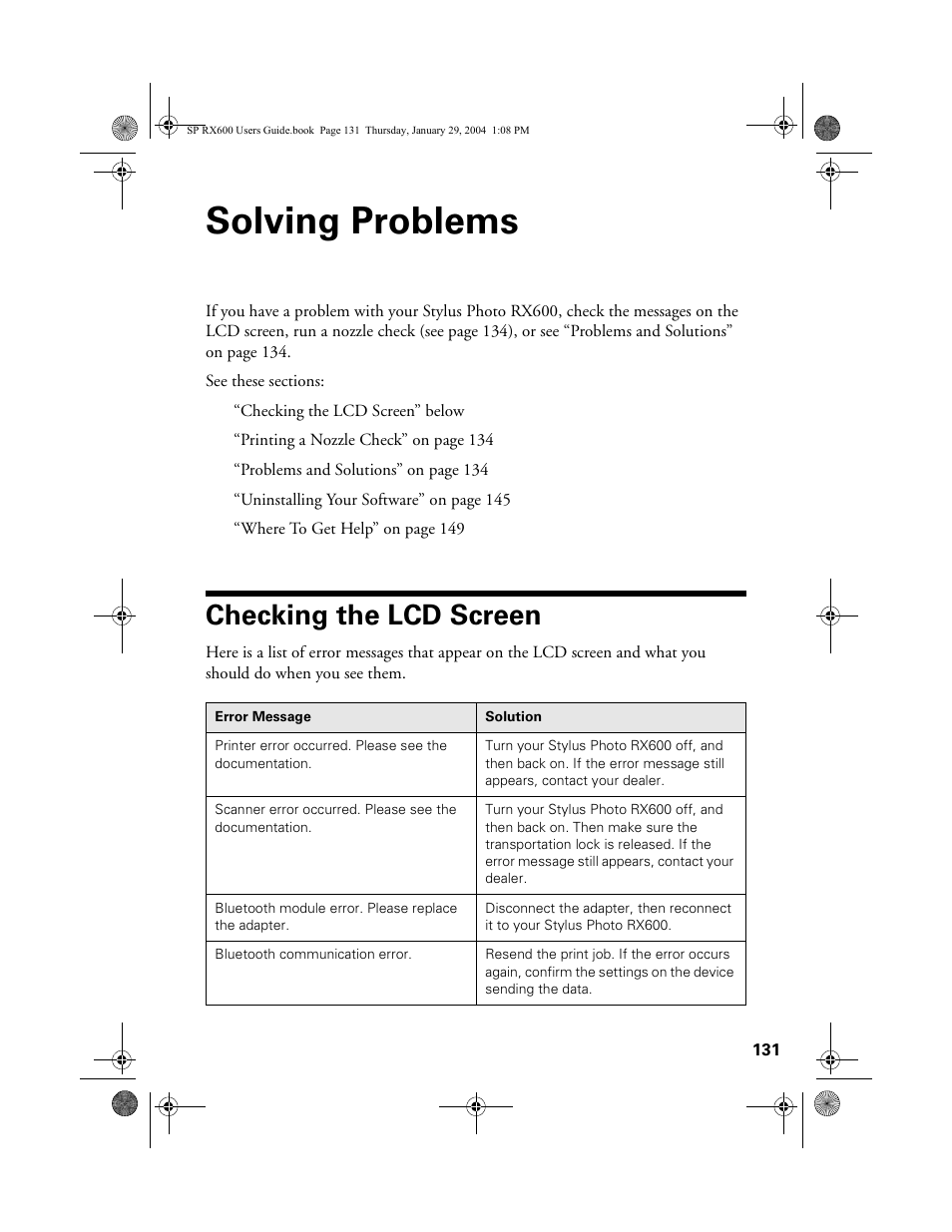 Solving problems, Checking the lcd screen | Epson All-In-One Stylus Photo RX600 User Manual | Page 131 / 164