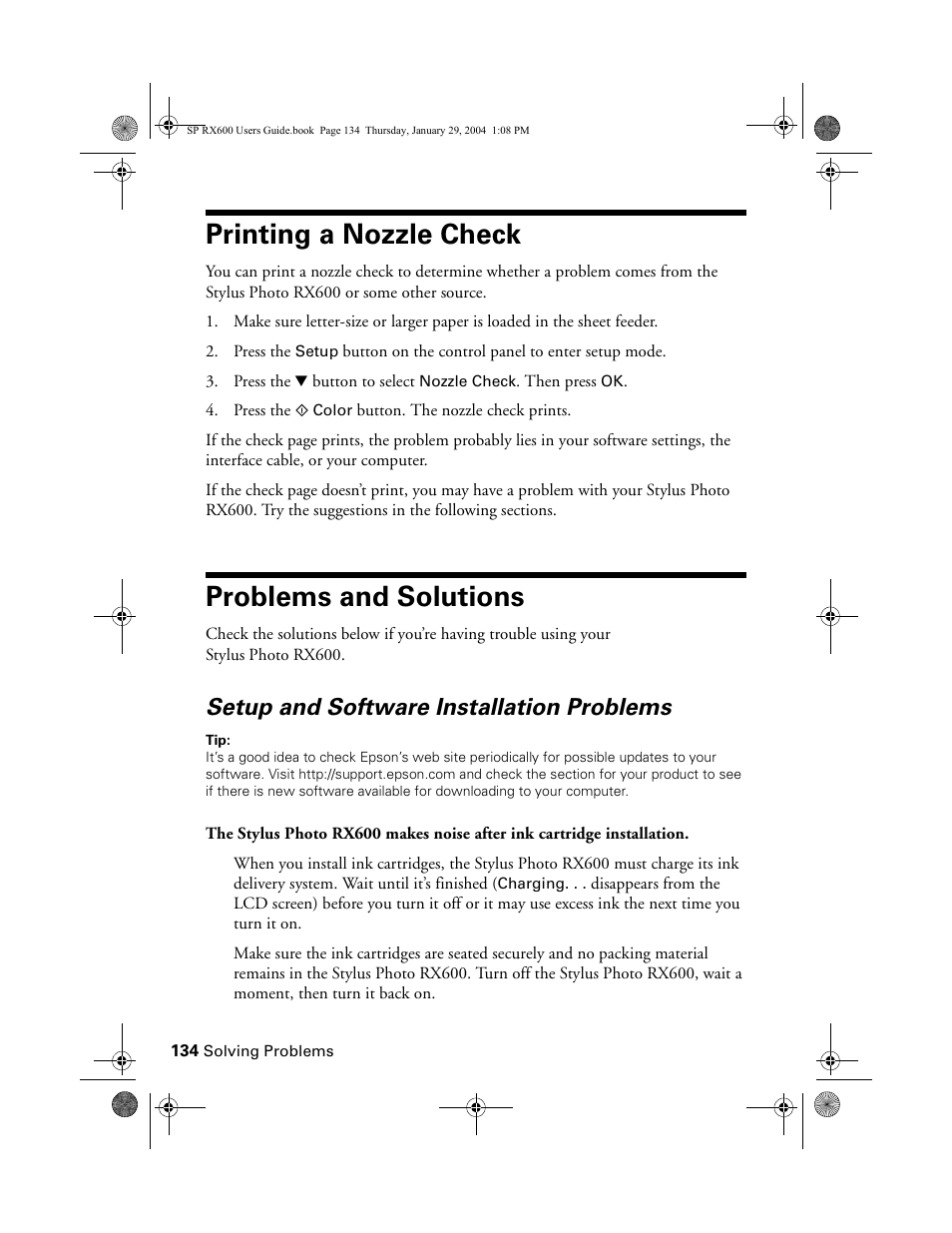 Printing a nozzle check, Problems and solutions, Setup and software installation problems | Printing a nozzle check problems and solutions | Epson All-In-One Stylus Photo RX600 User Manual | Page 134 / 164
