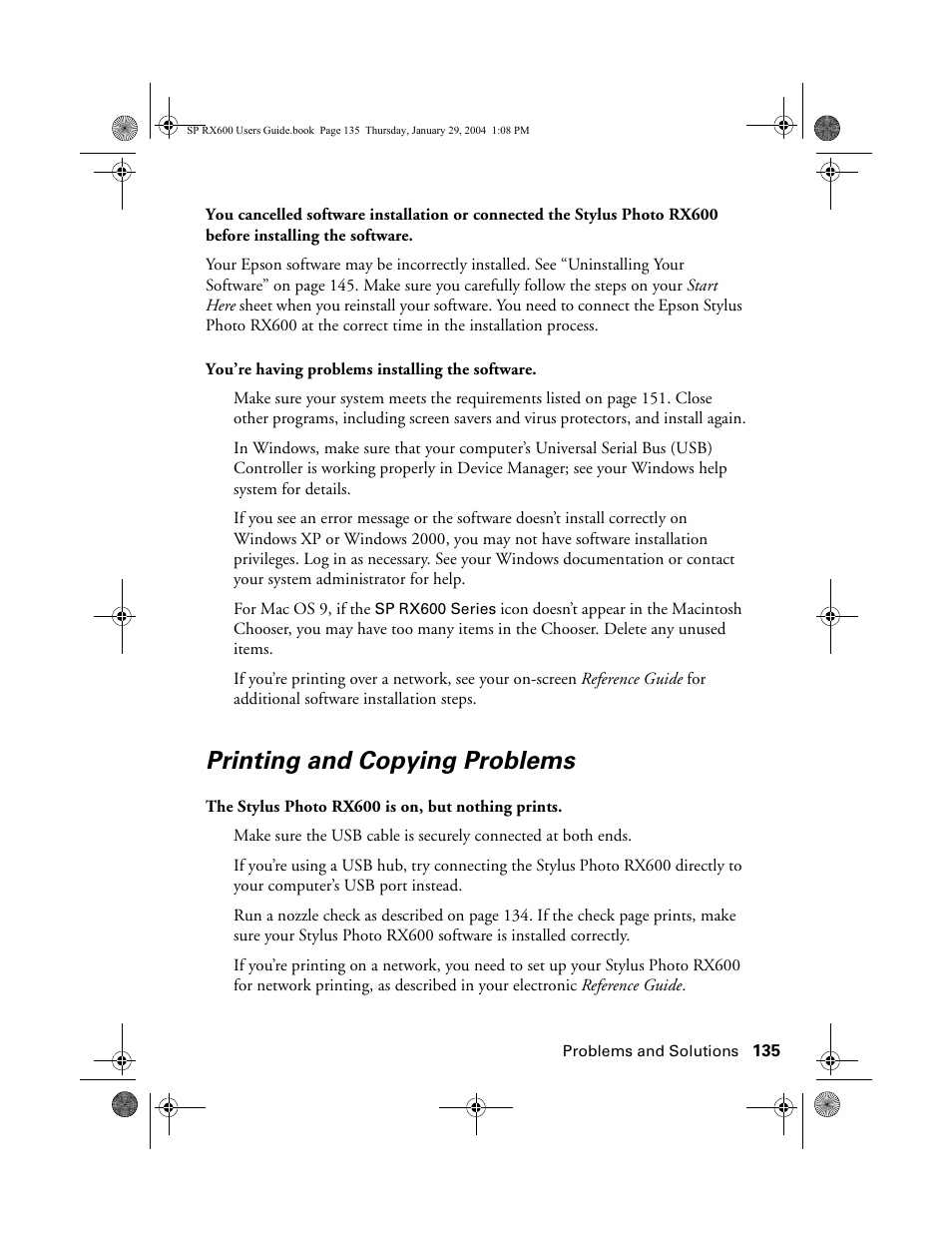 Printing and copying problems | Epson All-In-One Stylus Photo RX600 User Manual | Page 135 / 164