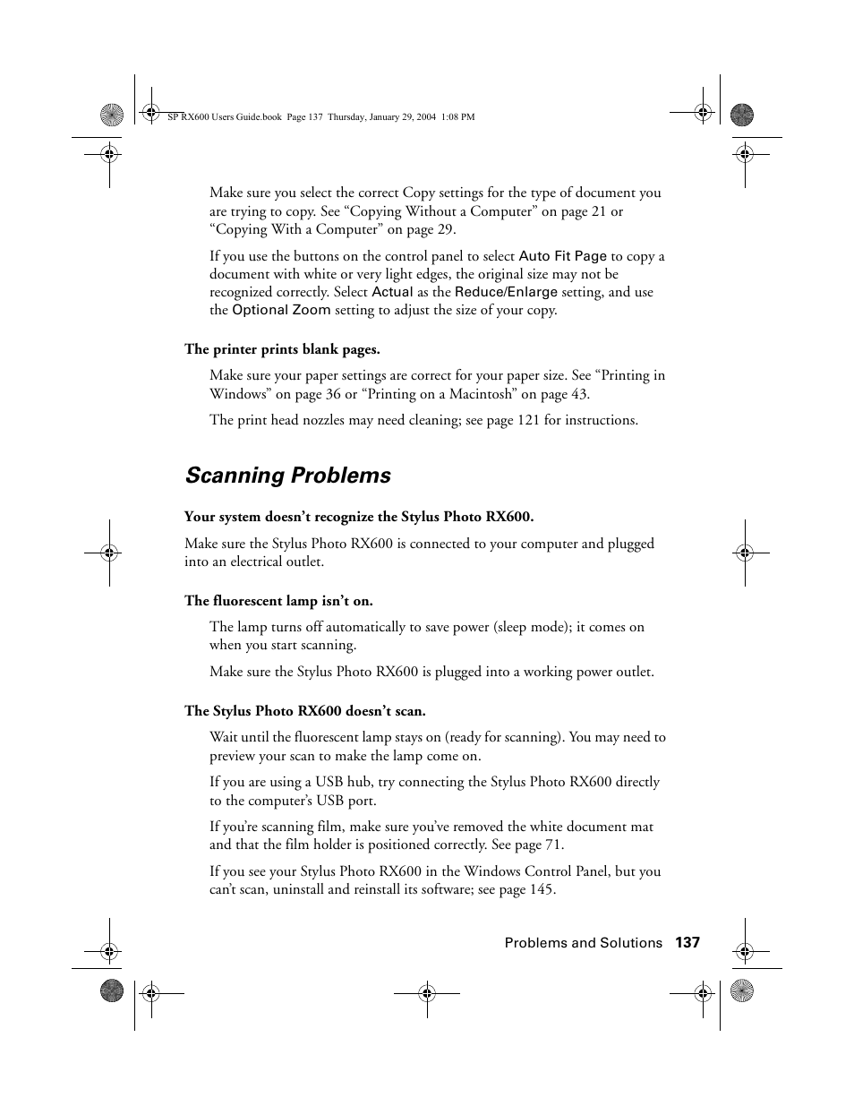 Scanning problems | Epson All-In-One Stylus Photo RX600 User Manual | Page 137 / 164