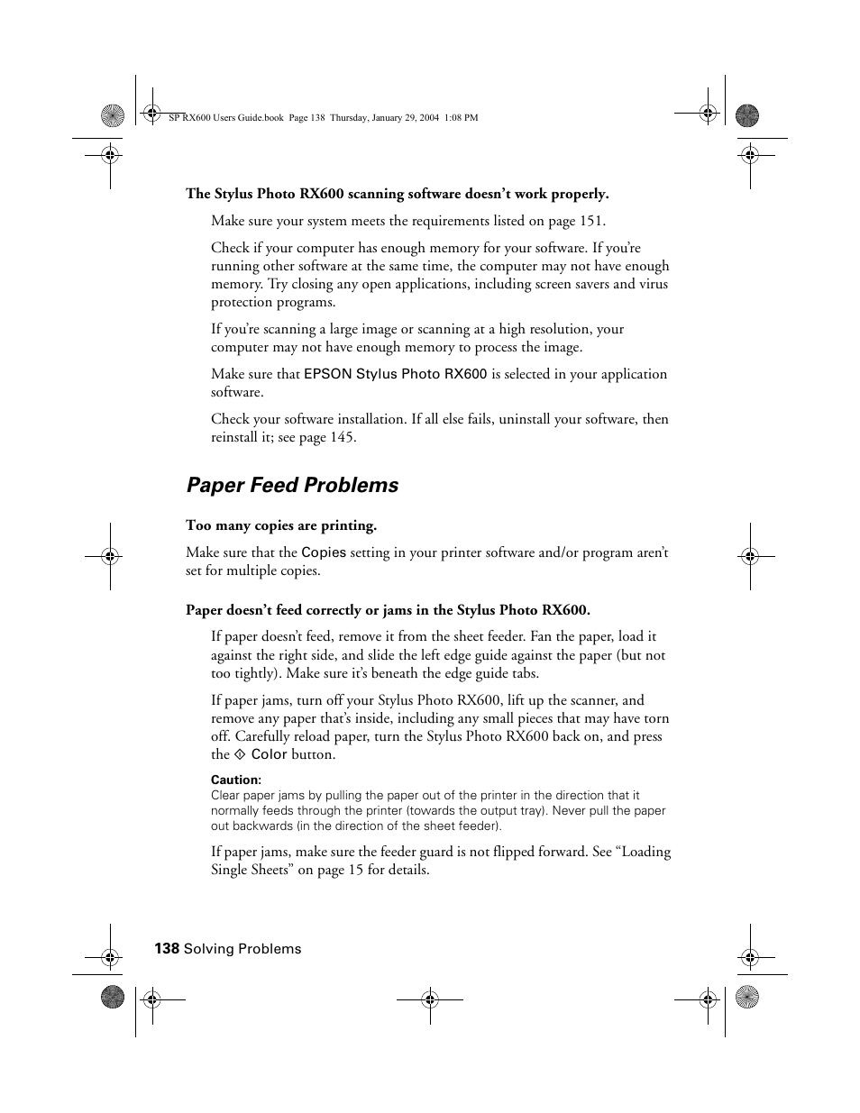 Paper feed problems | Epson All-In-One Stylus Photo RX600 User Manual | Page 138 / 164