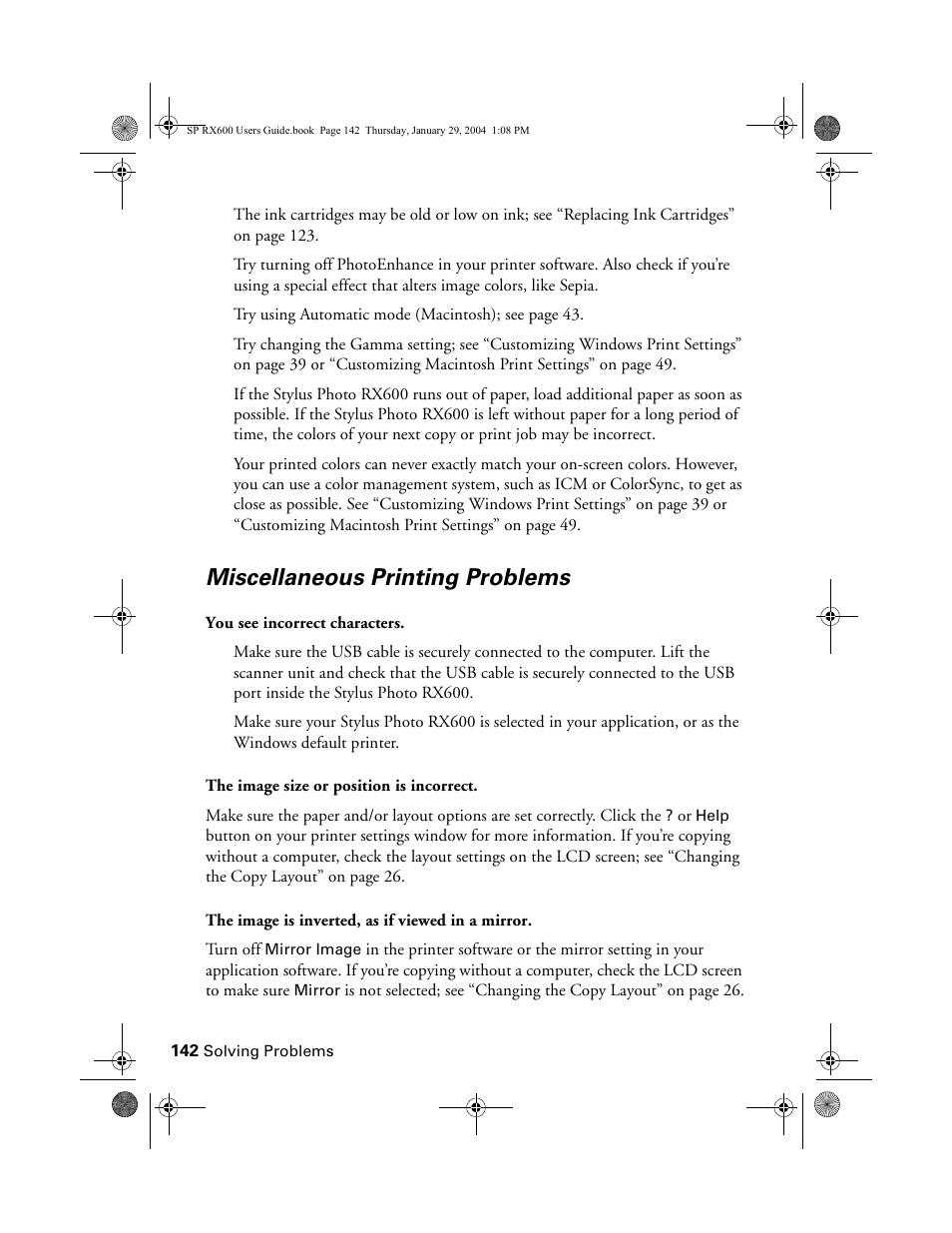 Miscellaneous printing problems | Epson All-In-One Stylus Photo RX600 User Manual | Page 142 / 164