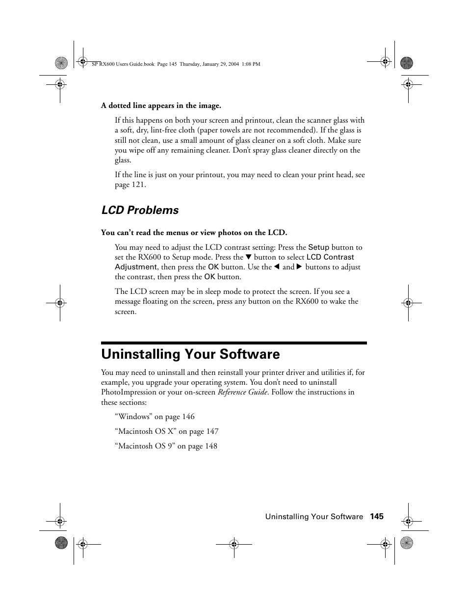 Lcd problems, Uninstalling your software | Epson All-In-One Stylus Photo RX600 User Manual | Page 145 / 164