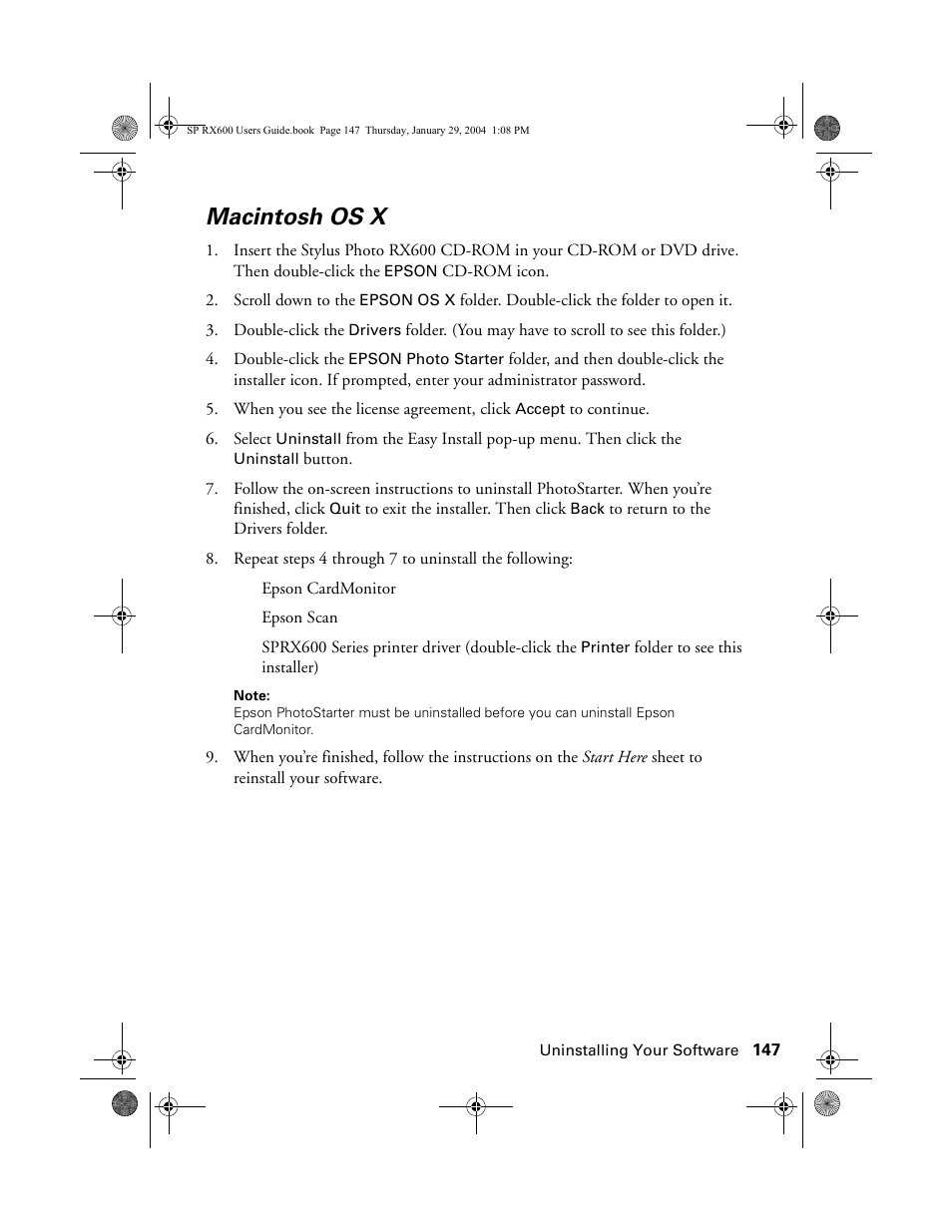 Macintosh os x | Epson All-In-One Stylus Photo RX600 User Manual | Page 147 / 164