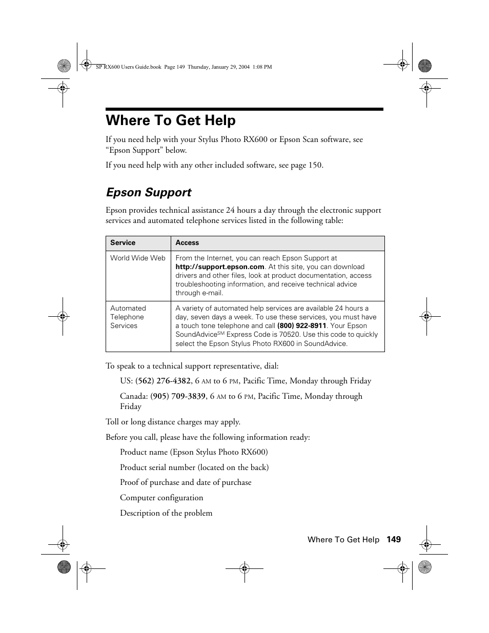 Where to get help, Epson support | Epson All-In-One Stylus Photo RX600 User Manual | Page 149 / 164