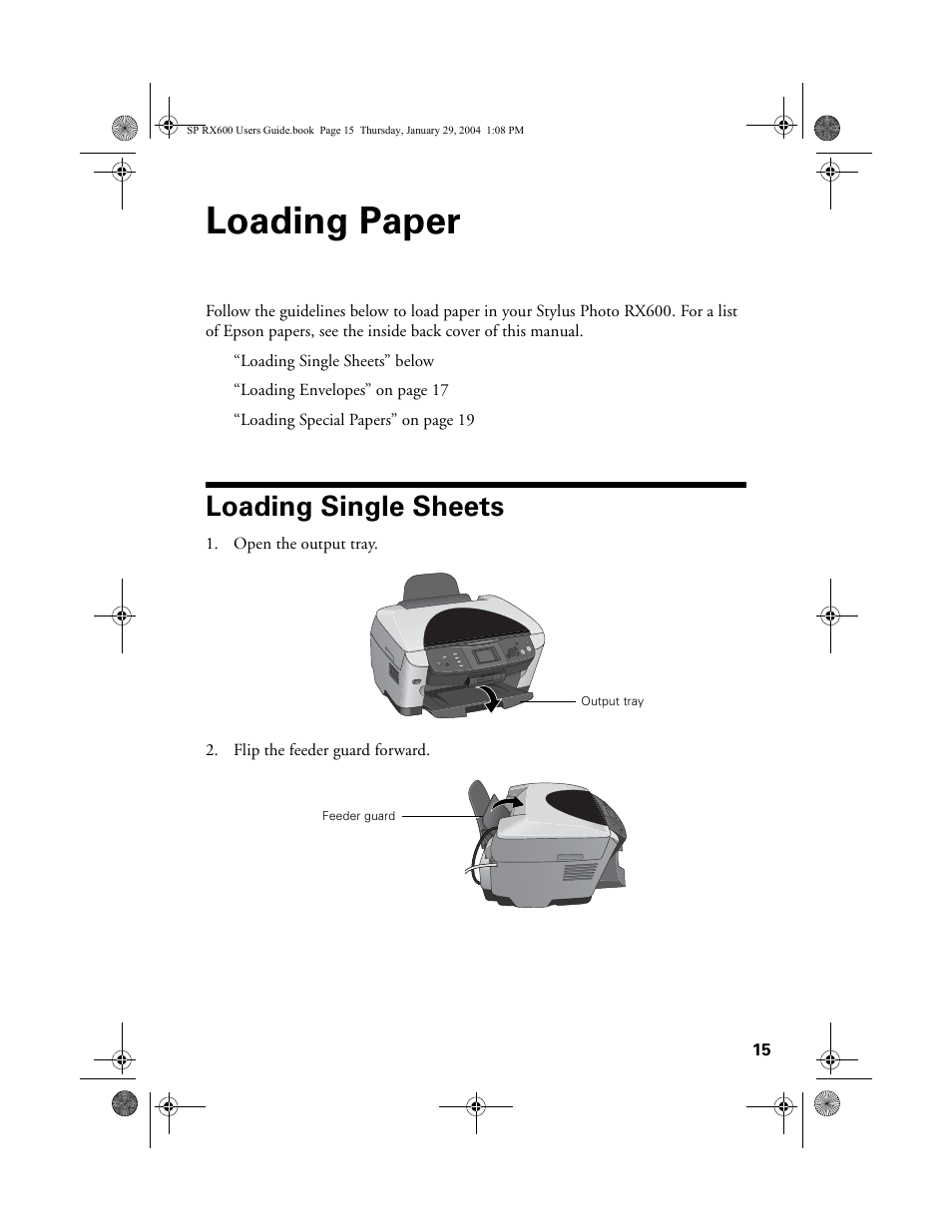 Loading paper, Loading single sheets | Epson All-In-One Stylus Photo RX600 User Manual | Page 15 / 164