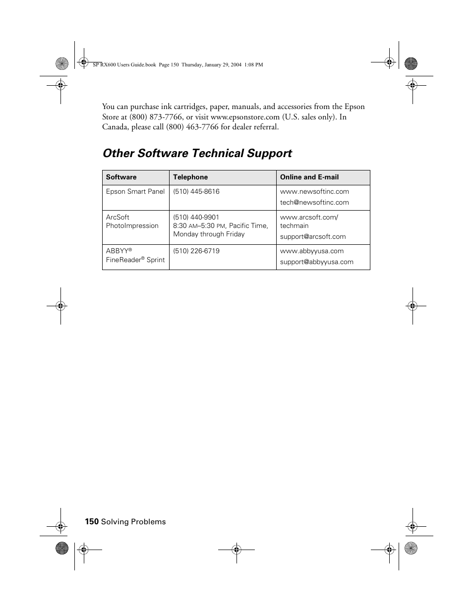 Other software technical support | Epson All-In-One Stylus Photo RX600 User Manual | Page 150 / 164