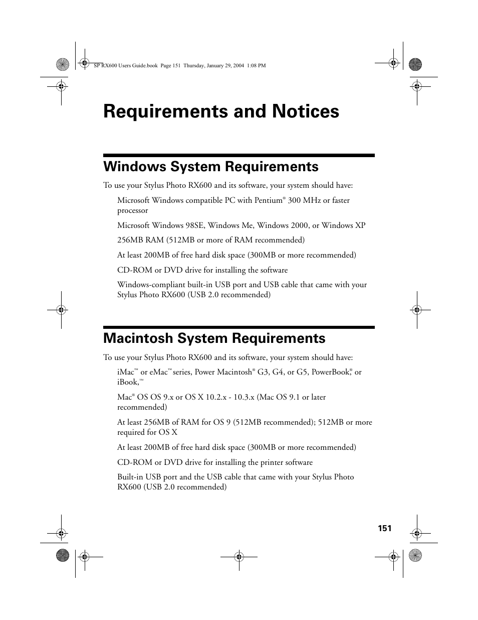 Requirements and notices, Windows system requirements, Macintosh system requirements | Epson All-In-One Stylus Photo RX600 User Manual | Page 151 / 164