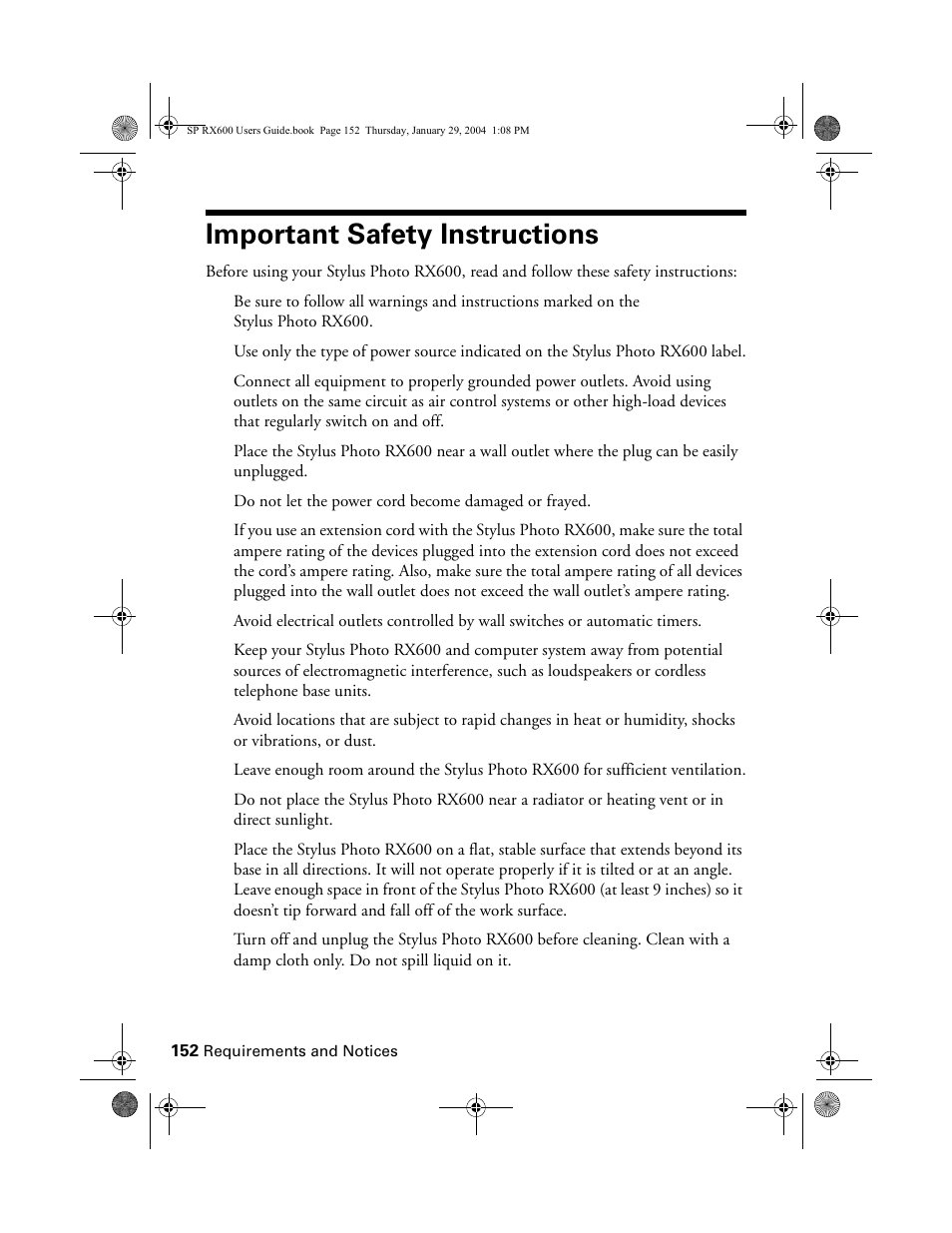 Important safety instructions | Epson All-In-One Stylus Photo RX600 User Manual | Page 152 / 164