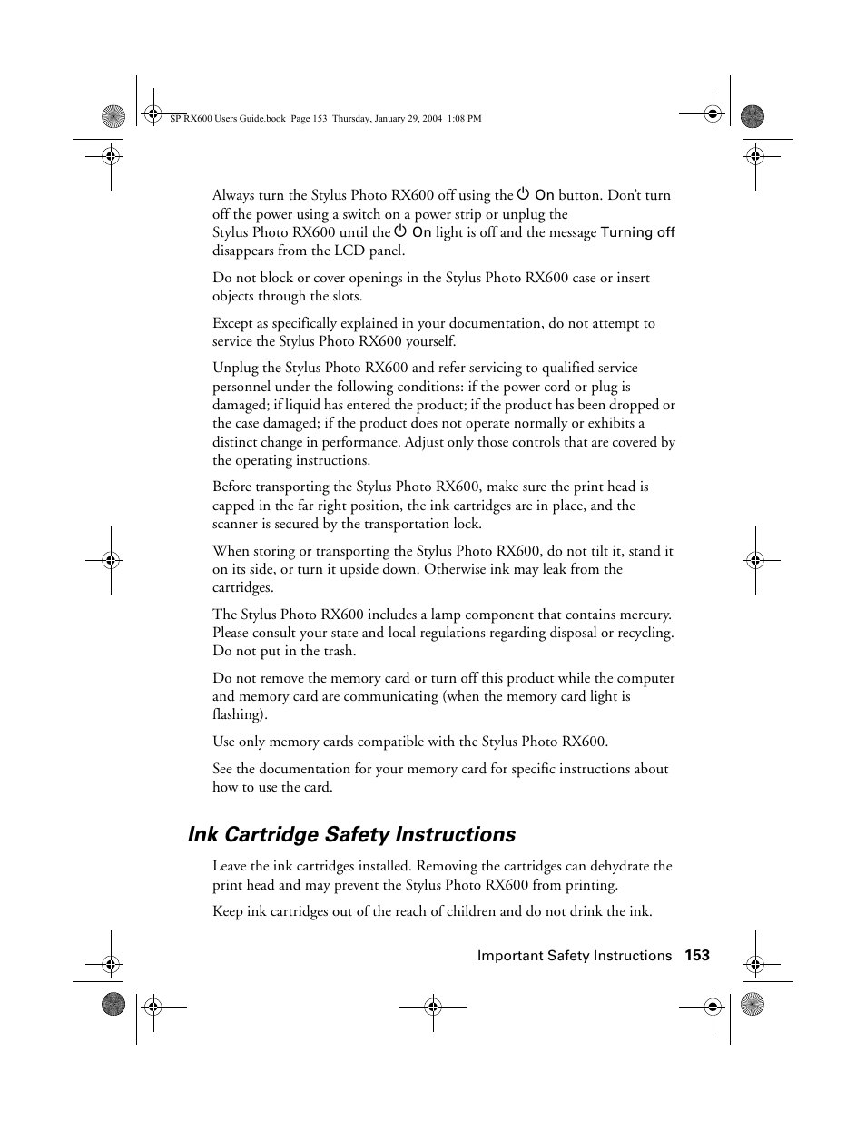 Ink cartridge safety instructions | Epson All-In-One Stylus Photo RX600 User Manual | Page 153 / 164