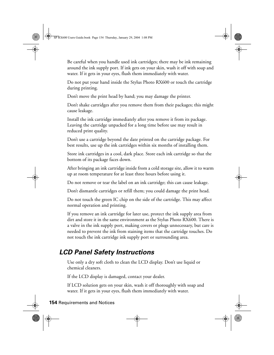 Lcd panel safety instructions | Epson All-In-One Stylus Photo RX600 User Manual | Page 154 / 164