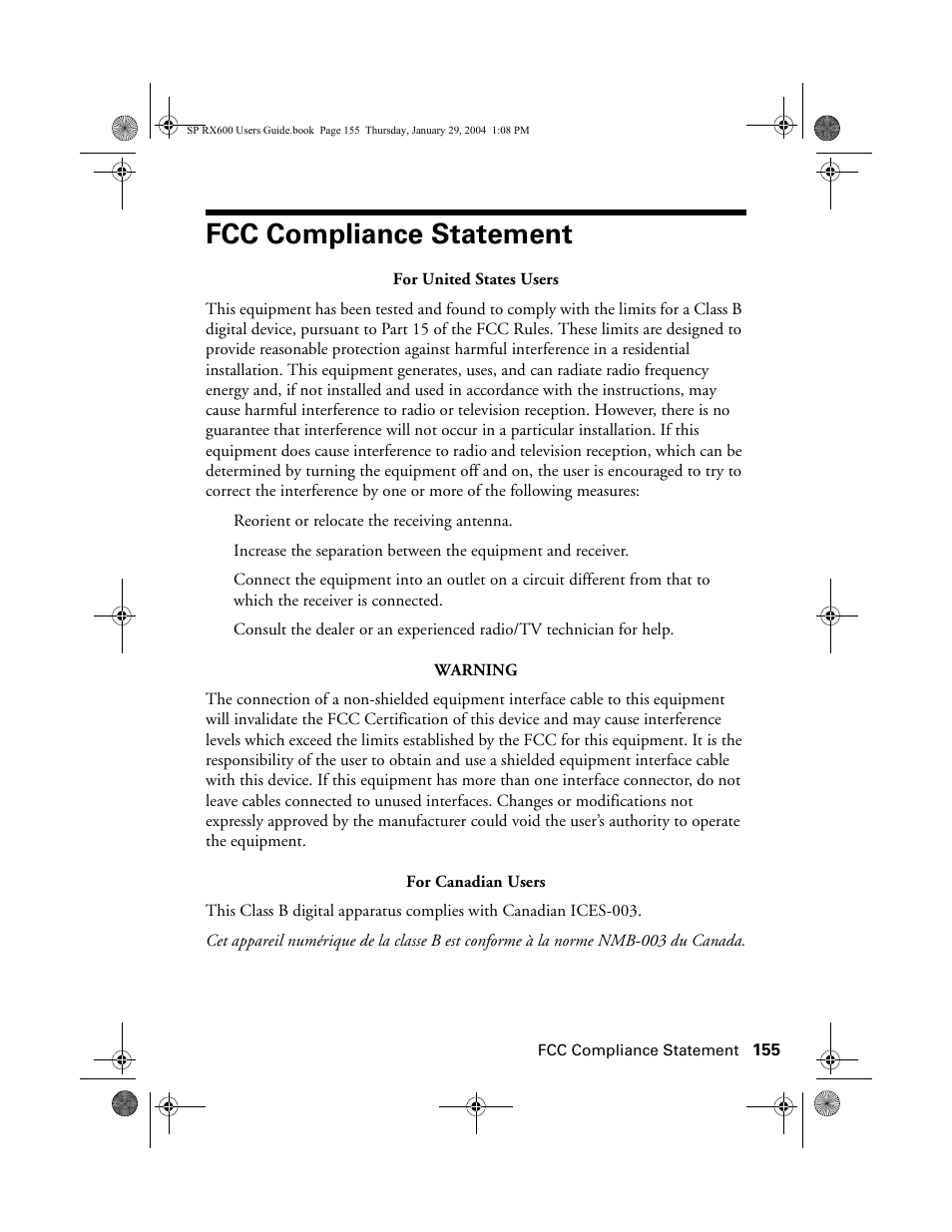 Fcc compliance statement | Epson All-In-One Stylus Photo RX600 User Manual | Page 155 / 164