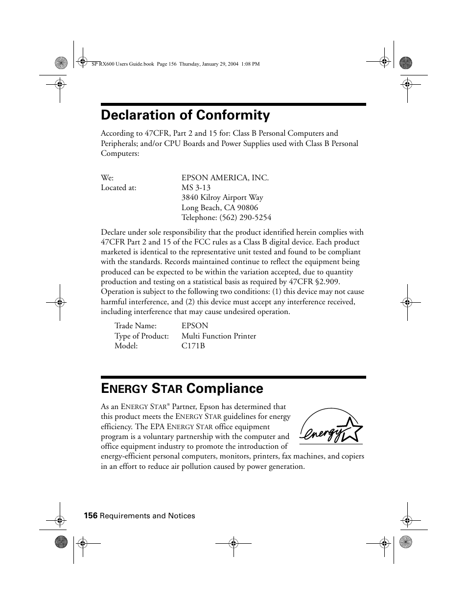 Declaration of conformity, Energy star compliance, Declaration of conformity e | Nergy, Compliance | Epson All-In-One Stylus Photo RX600 User Manual | Page 156 / 164