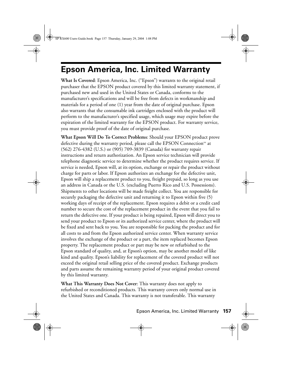 Epson america, inc. limited warranty | Epson All-In-One Stylus Photo RX600 User Manual | Page 157 / 164